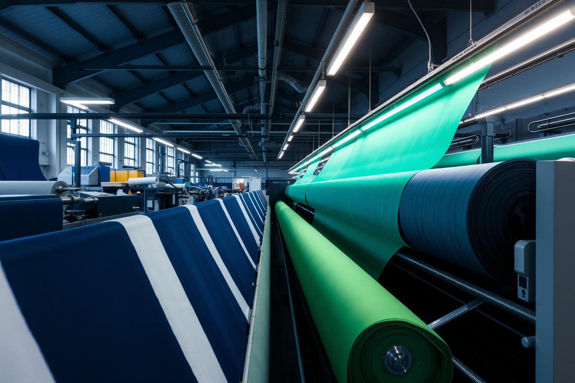 Machinerie industrielle textile avec rouleaux de tissu bleu marine et vert émeraude